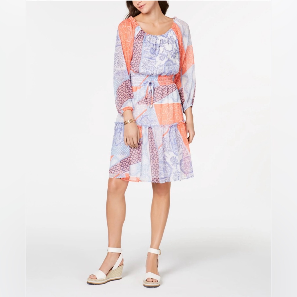 Tommy Hilfiger Red Blue Patchwork Ruffle Dress Off Shoulder Size 14